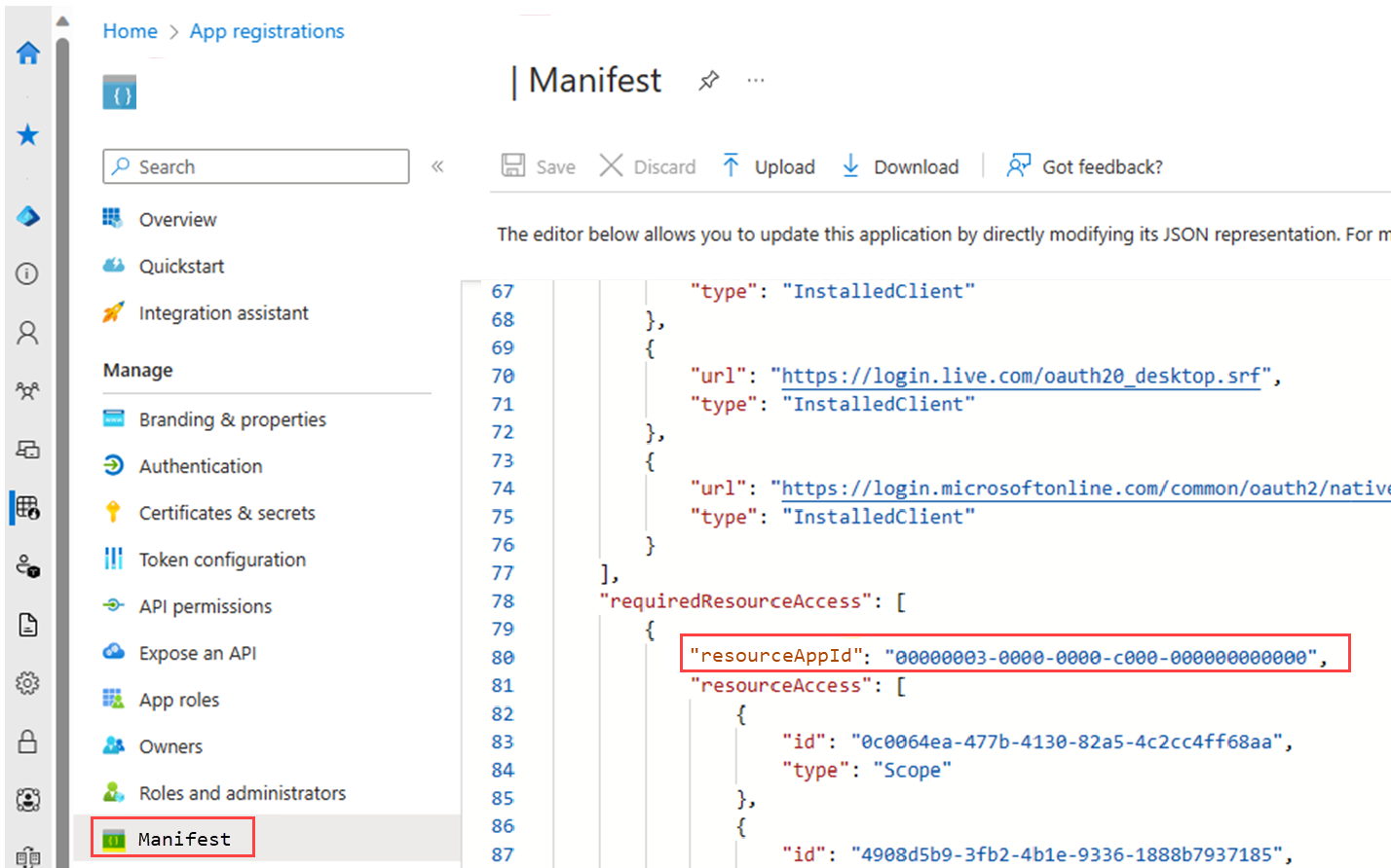 Screenshot of the Manifest screen for a sample app, with its resource ID highlighted.