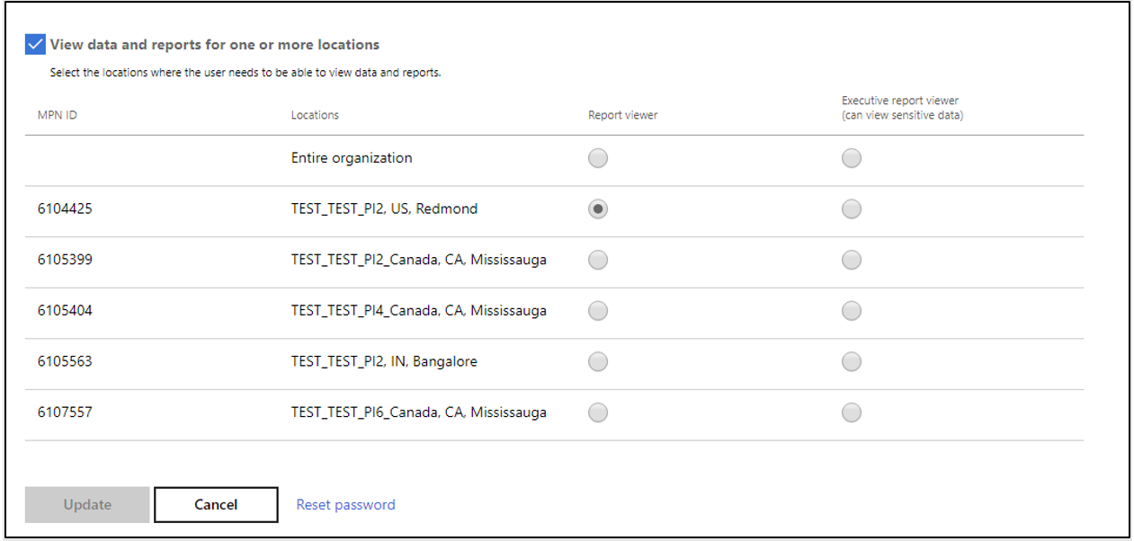Shows location-specific Partner Center Insights roles settings for Report viewer and Executive report viewer.