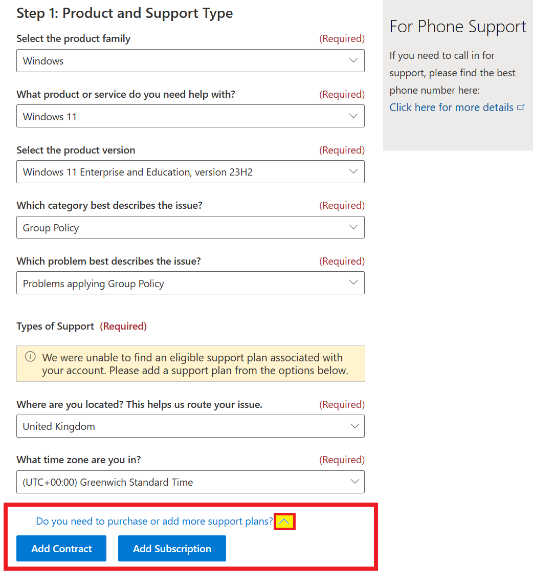 Screenshot of the Create a new support request screen, with Add contract and Add Subscription buttons highlighted