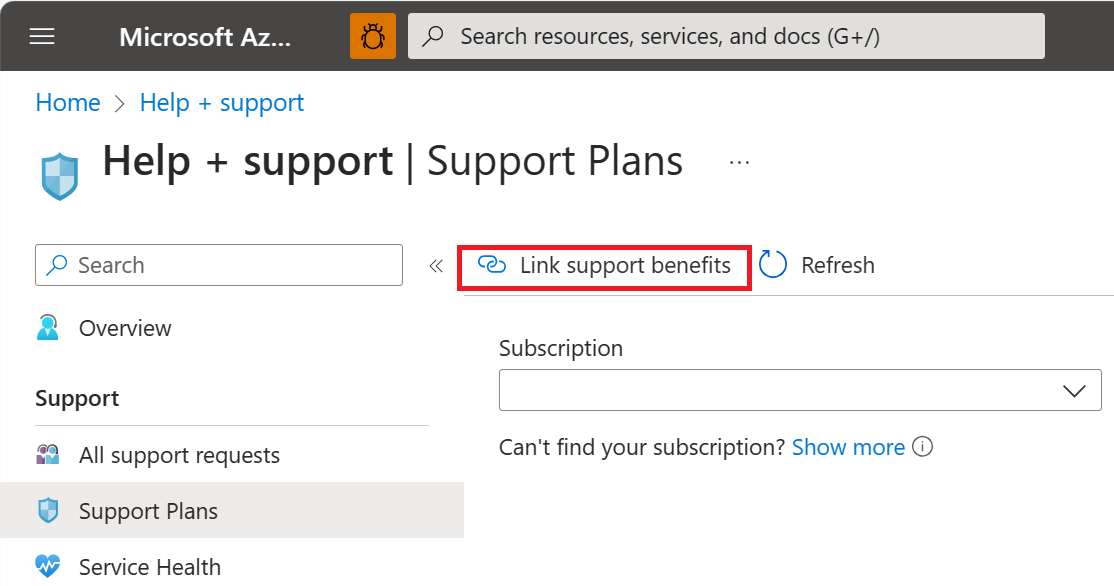 Screenshot of the Support Plans page, with Link support benefits highlighted.