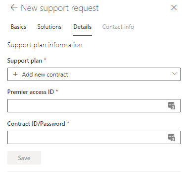 Screenshot of the New support request panel in the Details tab.