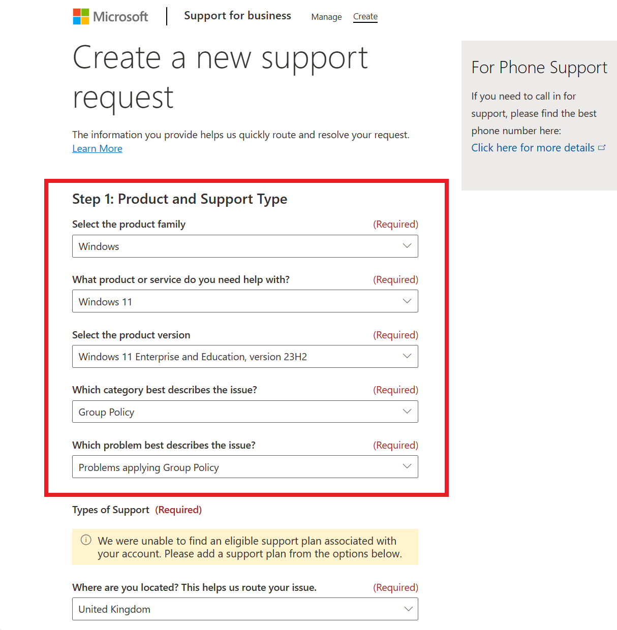 Screenshot of the Create a new support request page, with Windows 11 selected. In this example, there are no types of support available.