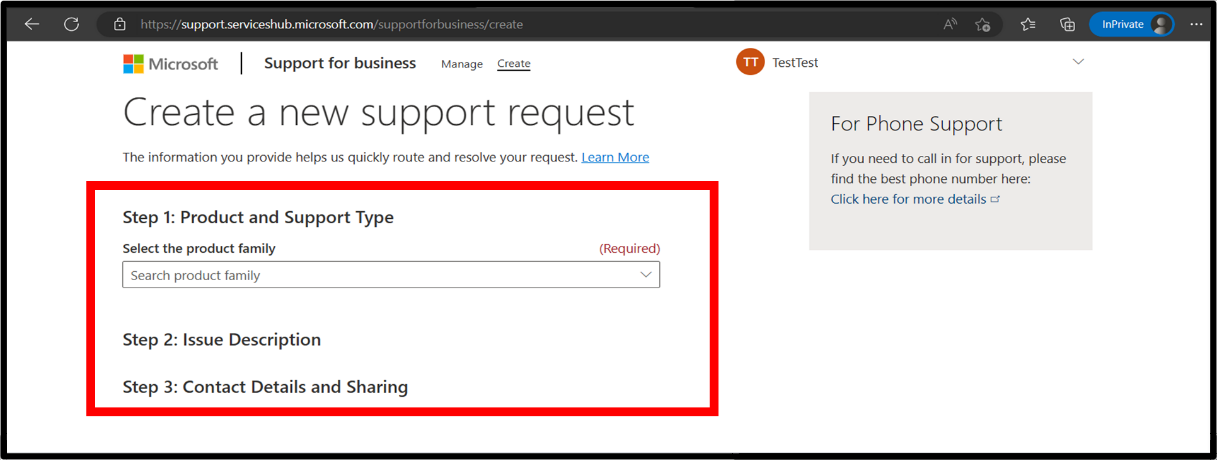 Screenshot of the Create a new support request screen, with Step 1: Product and Support type highlighted.