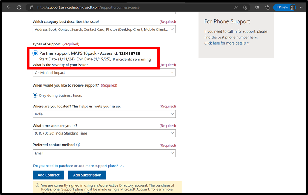 Screenshot of Create a new support request screen, with the type of support highlighted.