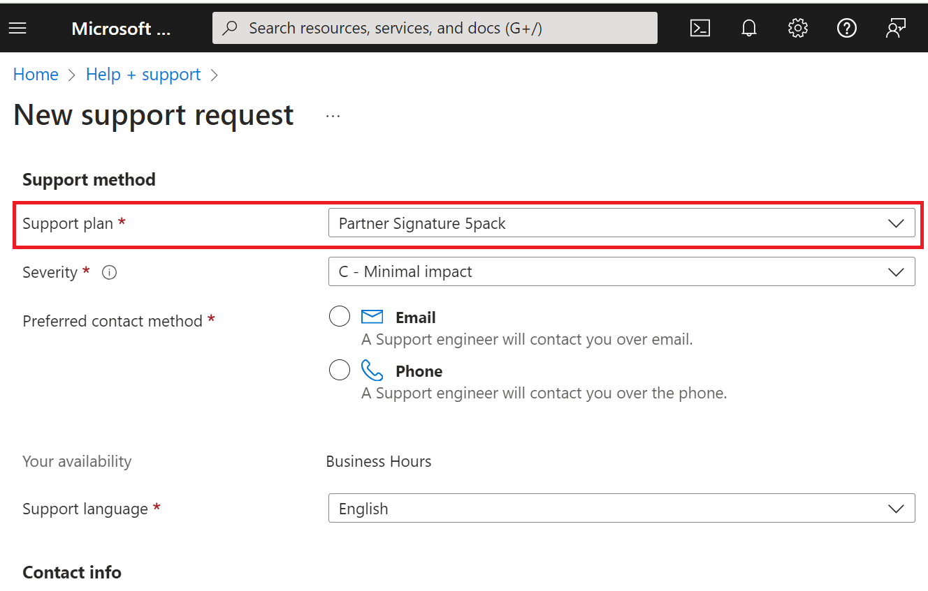 Screenshot of the New support request screen, with the Support plan drop-down highlighted.