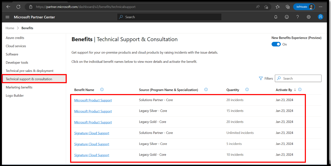 Screenshot of the Benefits page, in the Technical Support & Consultation tab, and product support benefits highlighted.