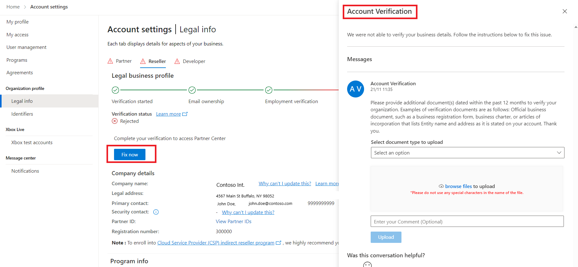 Screenshot of the Account Settings | Legal Info window in Partner Center, with the Fix now and Account verification highlighted.