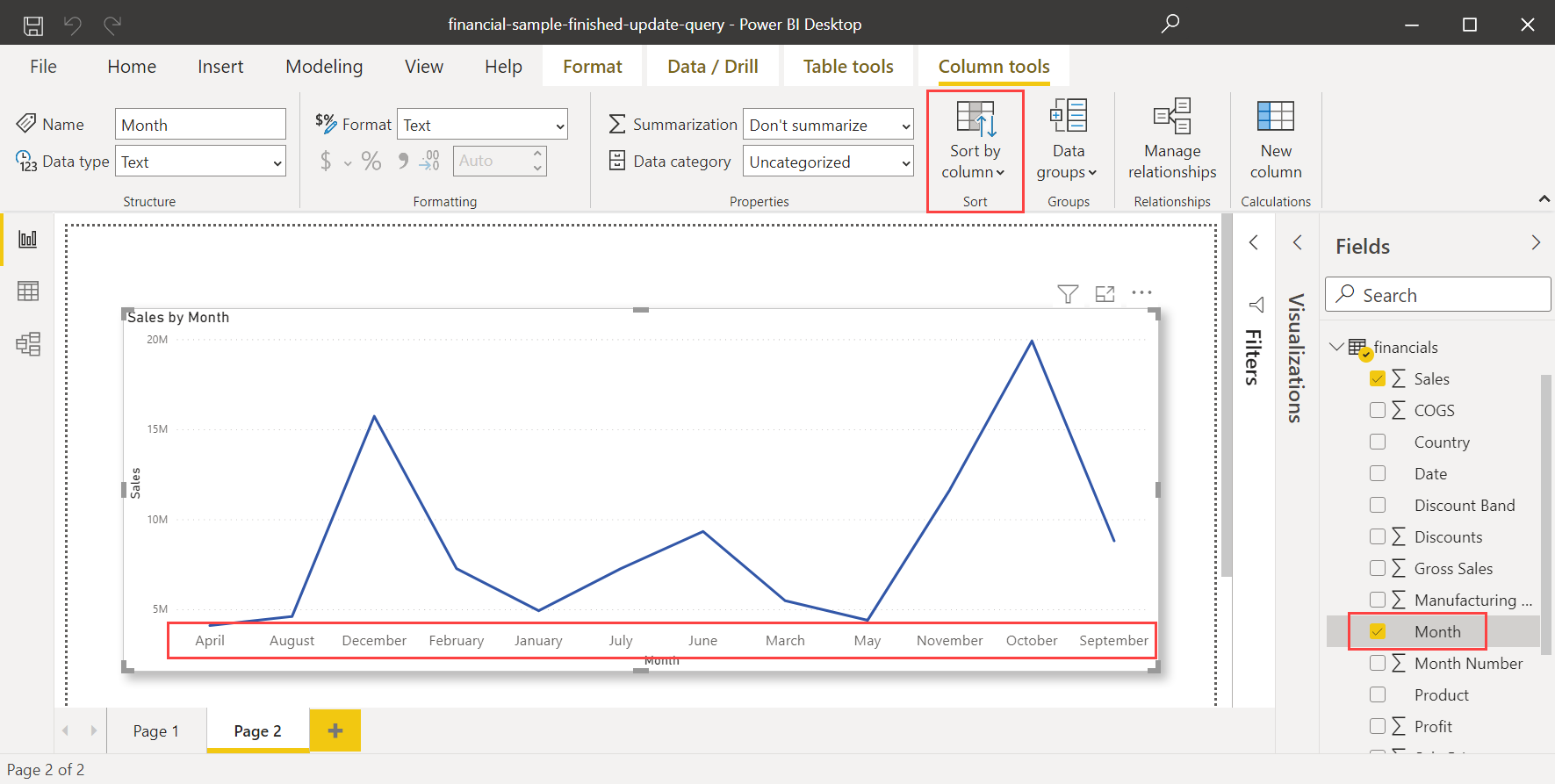 Screenshot showing the Column tools tab where you select Sort by Column.