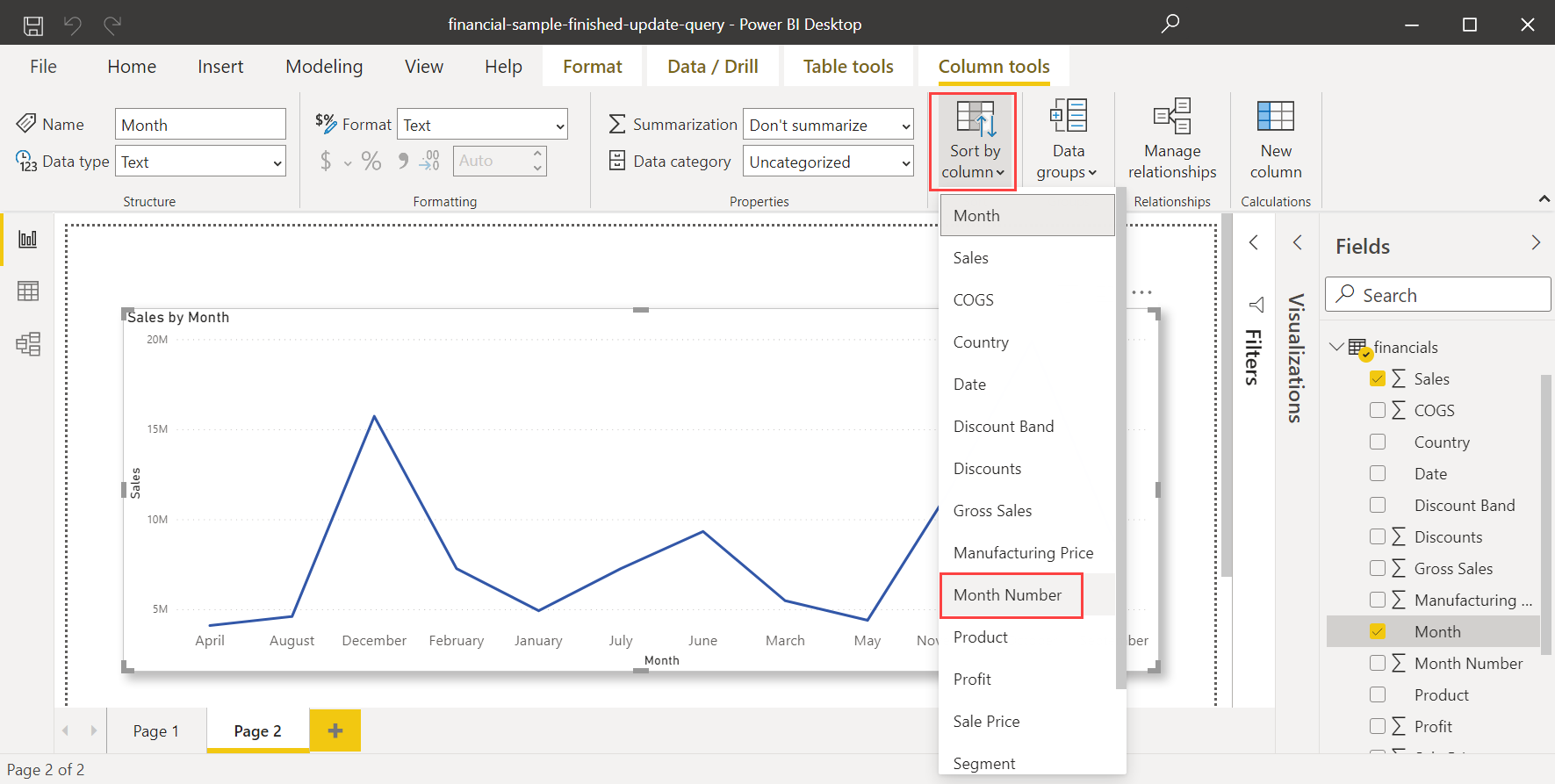 Screenshot showing the Sort by Column menu where you select Month Number.