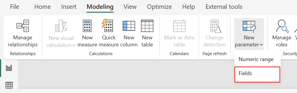 Screenshot of the Modeling ribbon in Power BI Desktop showing the New parameter dropdown with Fields option.