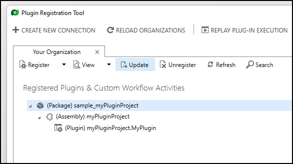Showing the Update command while a plugin package is selected.