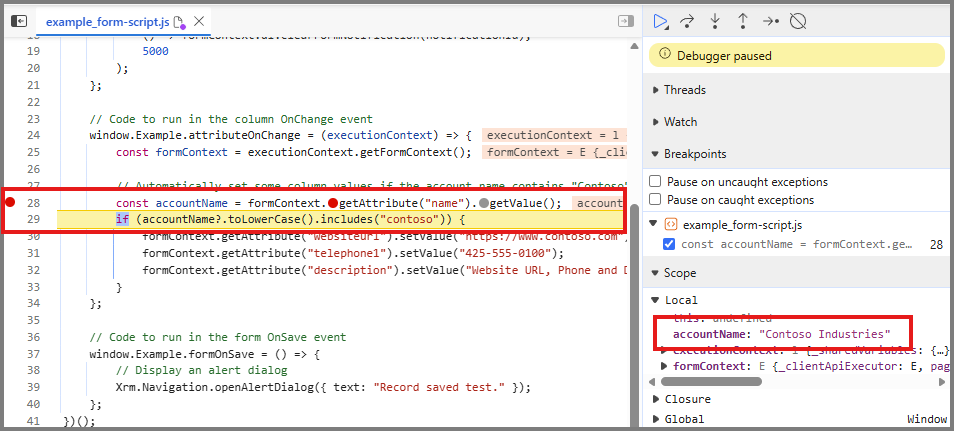 Screenshot of DevTools paused in the Example.attributeOnChange event handler while inspecting accountName.