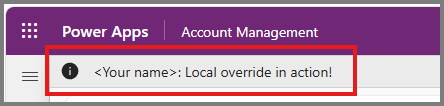 Screenshot of the account form notification showing Local override in action.