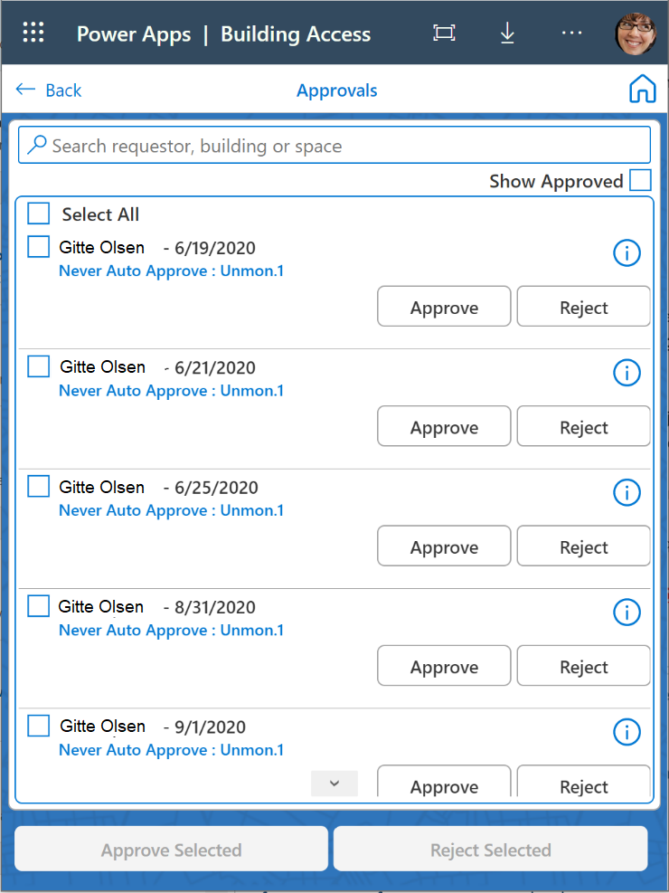 Screenshot of the Building Access app approvals screen.