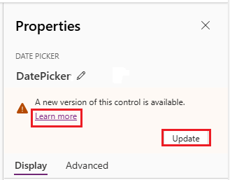Screenshot of a modern control showing an update notification with Learn more and Update options.