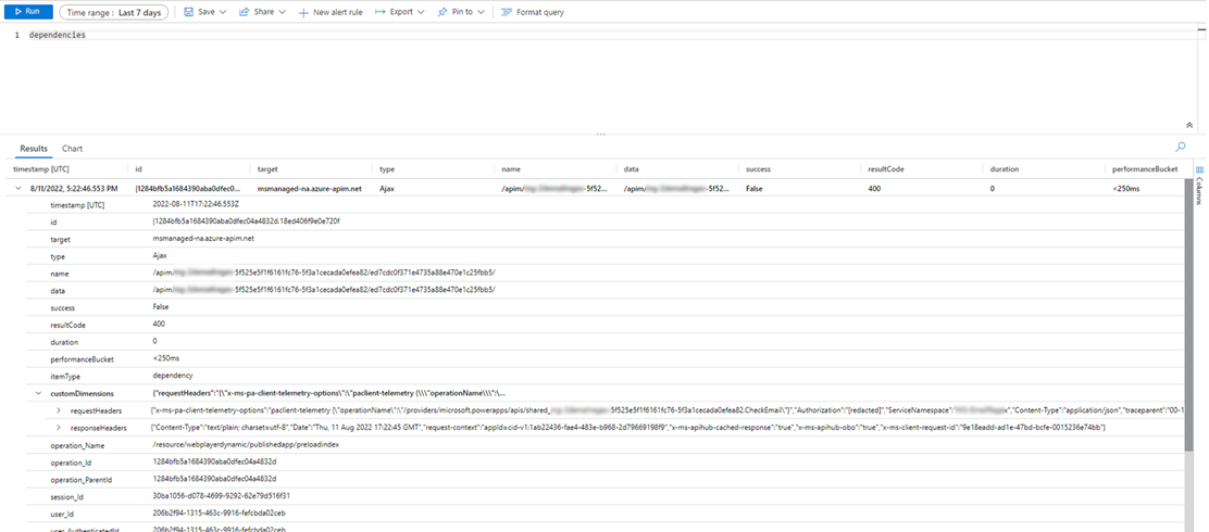 Sample event logged in the dependencies table.