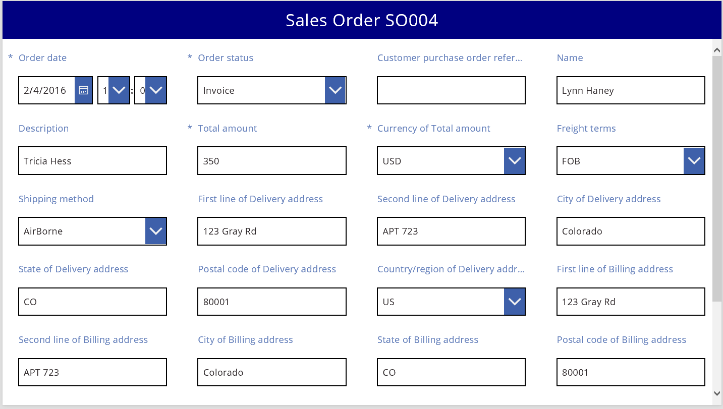Sales order in a basic four-column layout.