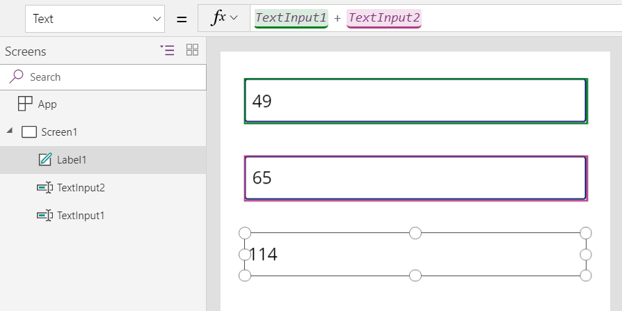 Calculating the sum of two numbers in Power Apps.