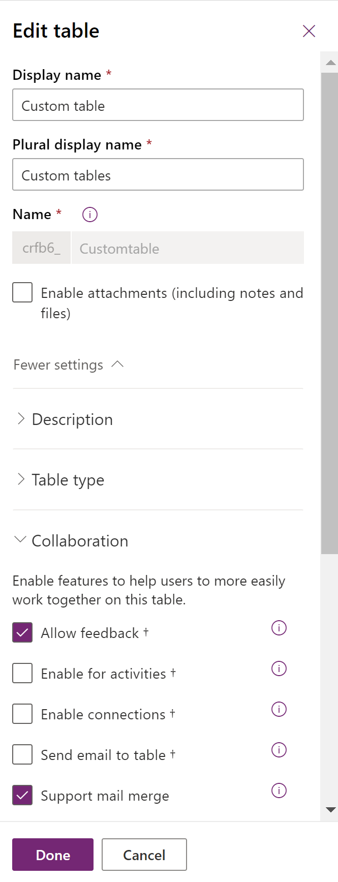 Enable allow feedback in the table definition