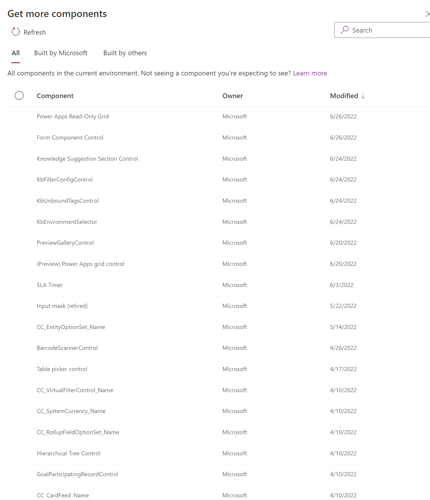 Available components from the get more components link