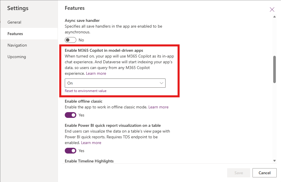 Screenshot that shows how to turn Microsoft 365 Copilot on or off in a model-driven app.