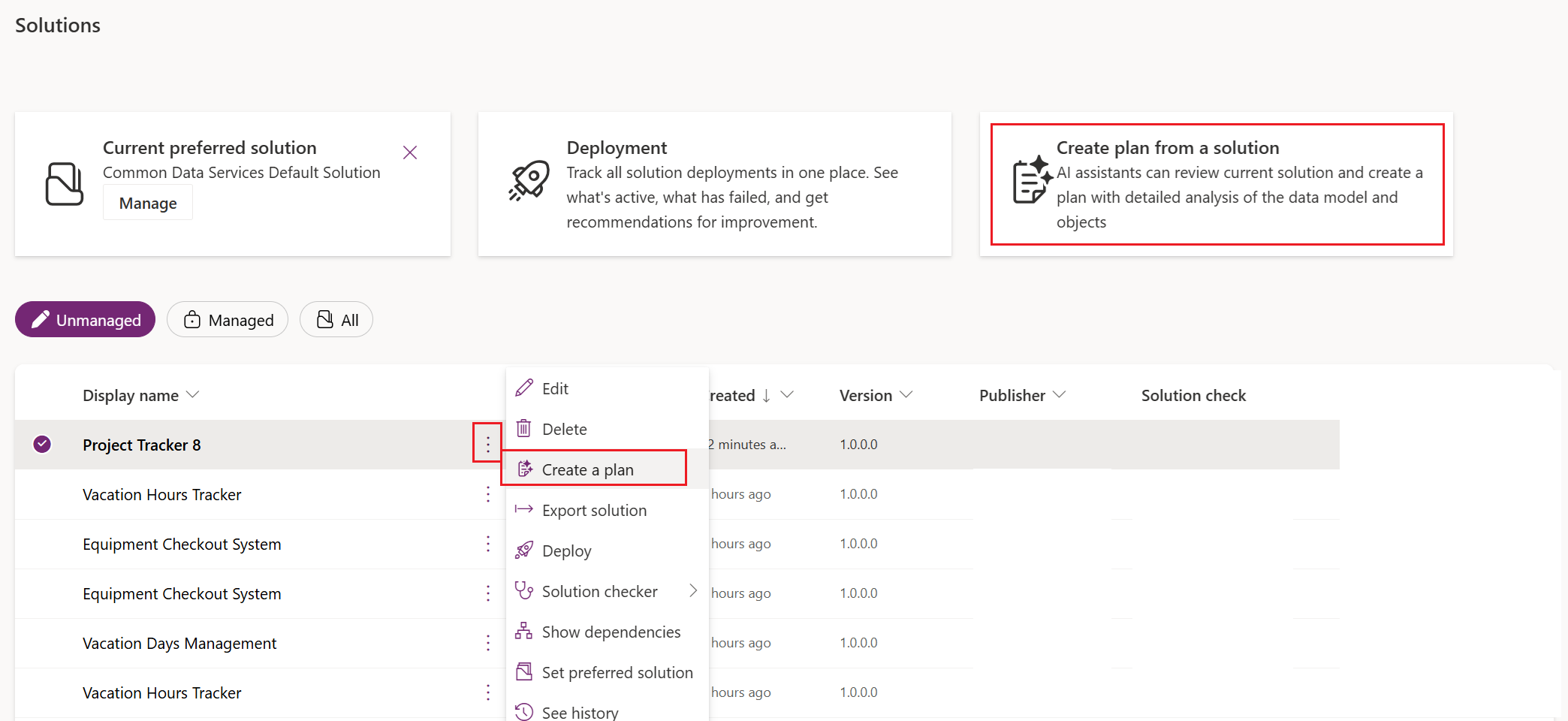 Screenshot of creating a plan from a solution.