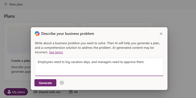 Screenshot of the plans interface showing a text box for entering business scenarios.