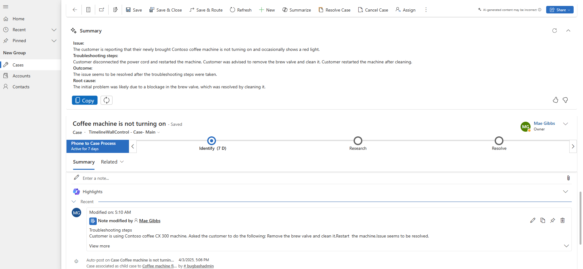 Screenshot that shows the Copilot case summary on a model driven app.