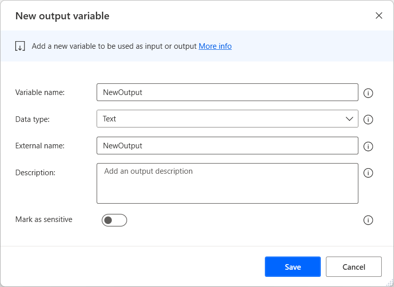 Screenshot of the dialog to create a new output variable.