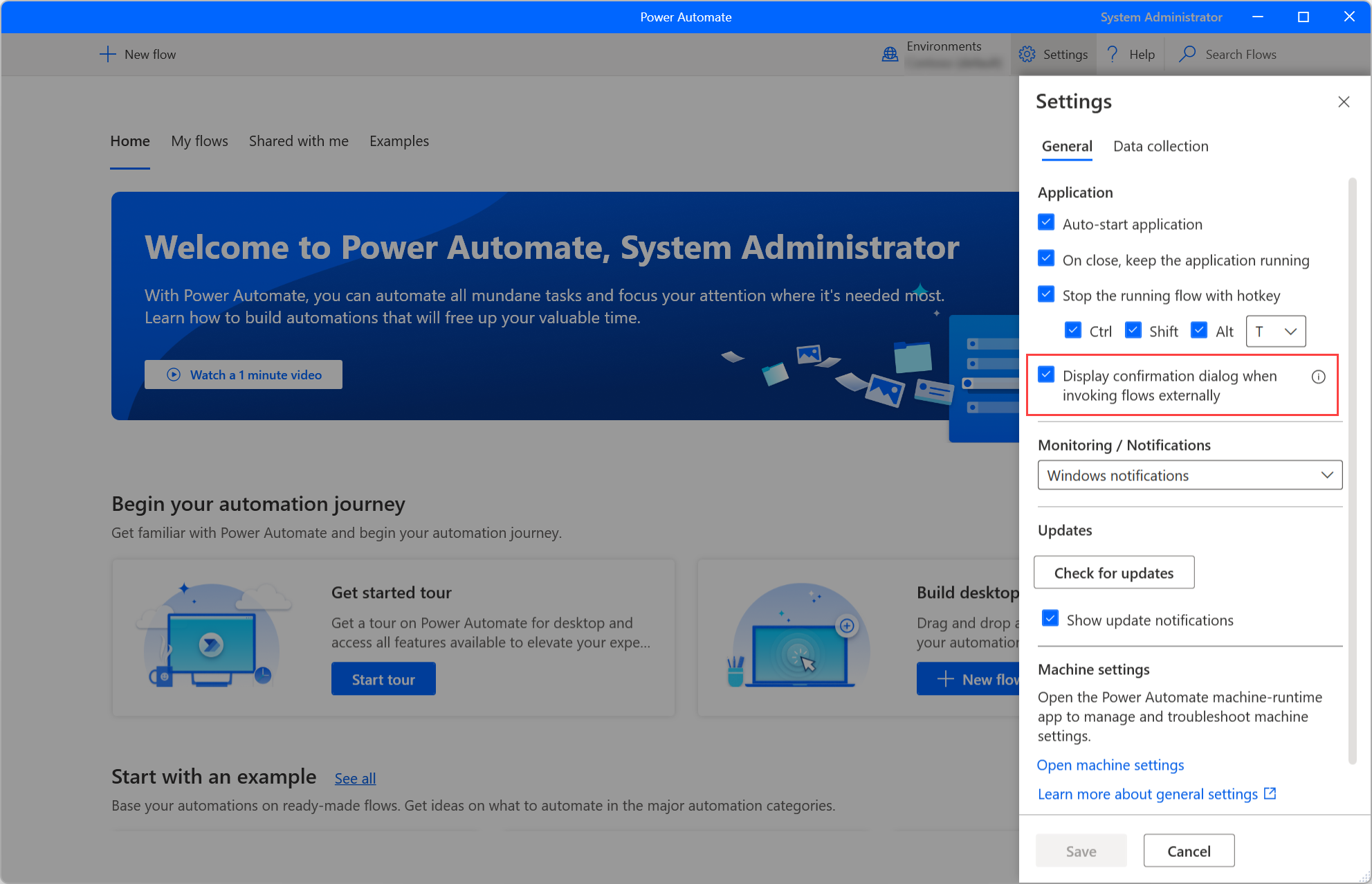 Screenshot of the Display confirmation dialog when invoking flows externally option in the console settings.