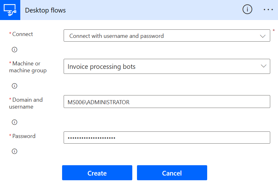 Screenshot of a dialog to create a new desktop flow connection.