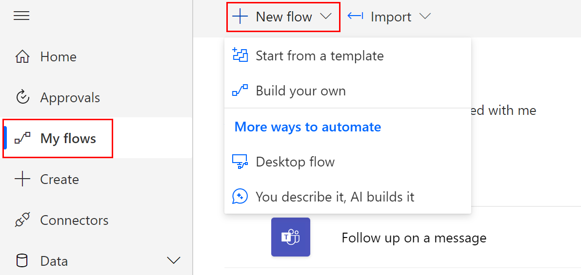 Screenshot of the options in the New flow menu in the My flows screen.