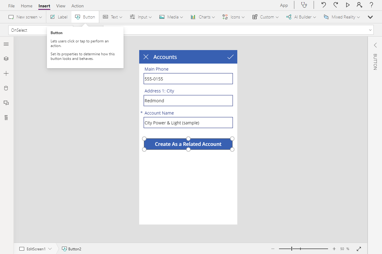 Add a button to a canvas app.