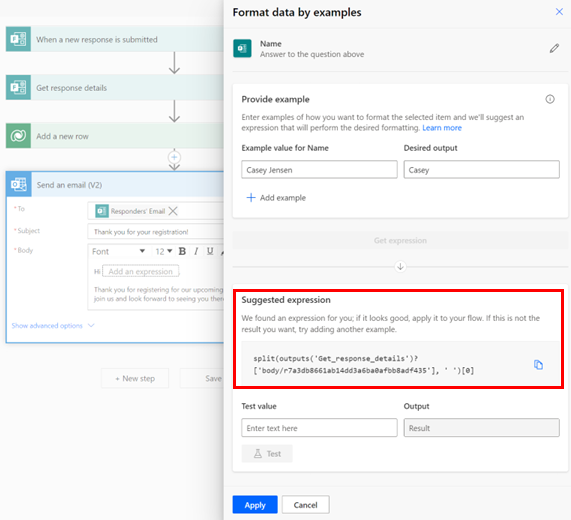 Screenshot of how to format text from a person’s full name to only their first name. Power Automate suggests the expression to achieve this transformation.