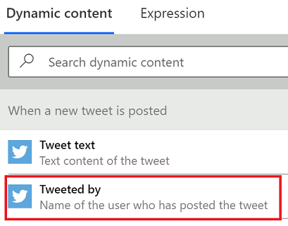 [Screenshot of adding the Tweeted by dynamic content.