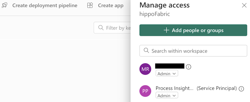 Screenshot of the Fabric workspace settings with sharing to Process Insights service principal.