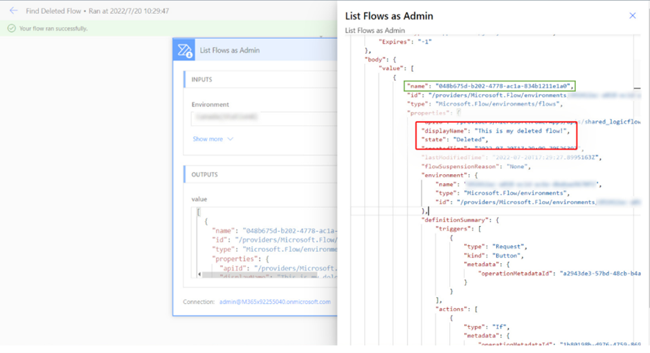 Screenshot of the flow name in the action output.