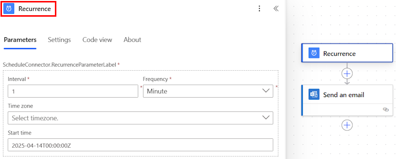 Screenshot of a prompt to create a scheduled flow in the action configuration pane.