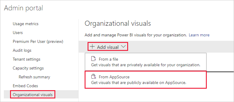 A screenshot showing the organizational visuals menu in the Power BI admin settings. The add visual option is expanded, and the from app source option is selected.