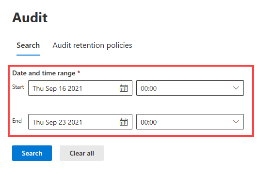 Screenshot of the Audit log search with Start Date and End Date options called out.