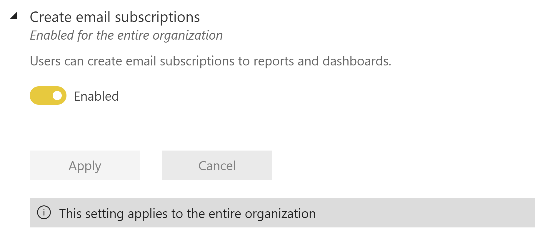 Screenshot of Enable email subscriptions tenant setting.