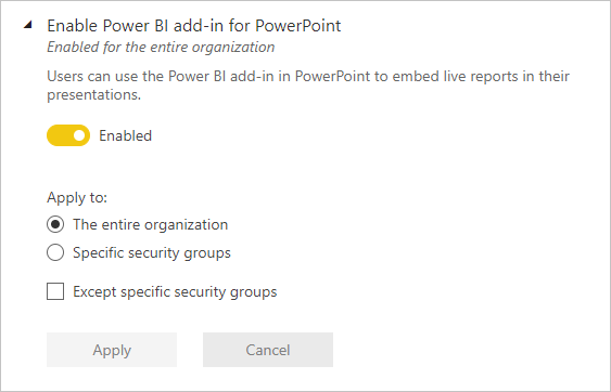 Screenshot Power BI add-in for PowerPoint tenant setting.