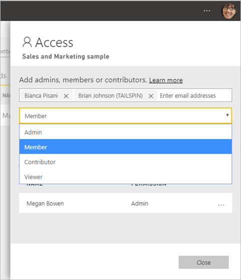 Screenshot that shows how to add members, admins, contributors to a workspace.
