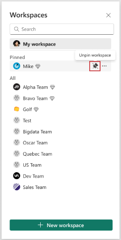 Screenshot of unpin workspace.