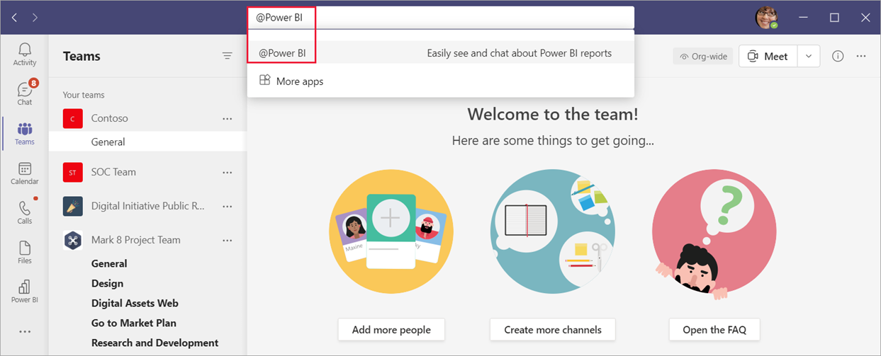 Screenshot of the Teams page with @Power BI entered and highlighted in the Teams search bar.
