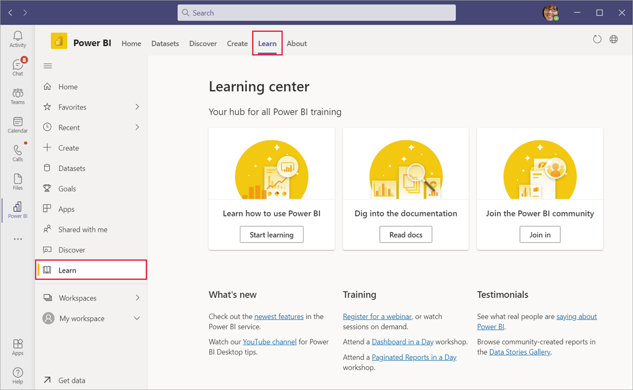 Screenshot of the Learning center in the Power BI app in Microsoft Teams. The Learn tab is selected in Teams and the Power BI navigation pane.