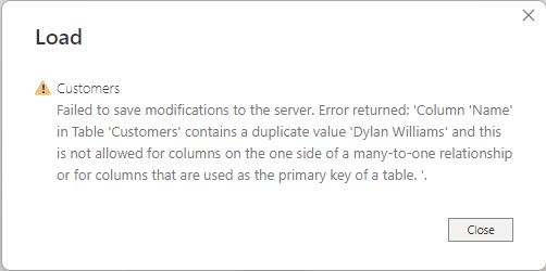 Screenshot of an error message about duplicate values.