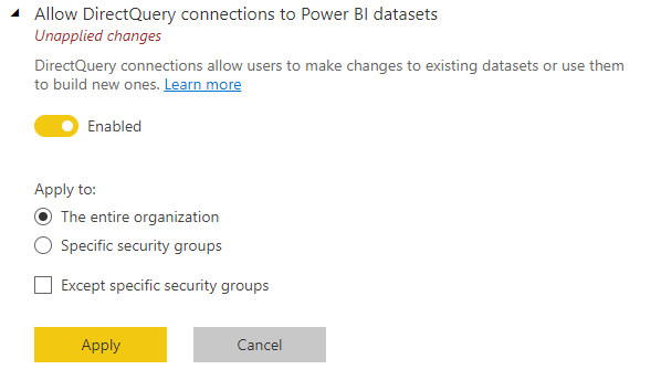 Admin setting to enable or disable DirectQuery connections to Power BI datasets.