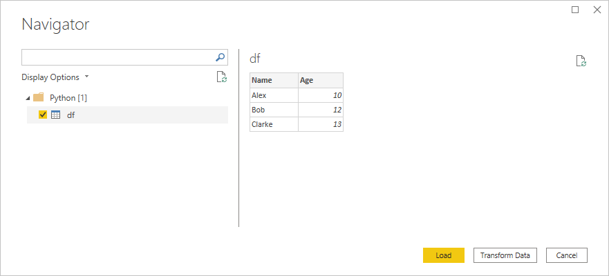 Screenshot of the Navigator window showing data to load and use.