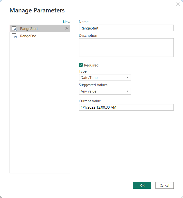 Screenshot of the Manage Parameters dialog showing the RangeStart and RangeEnd parameters.